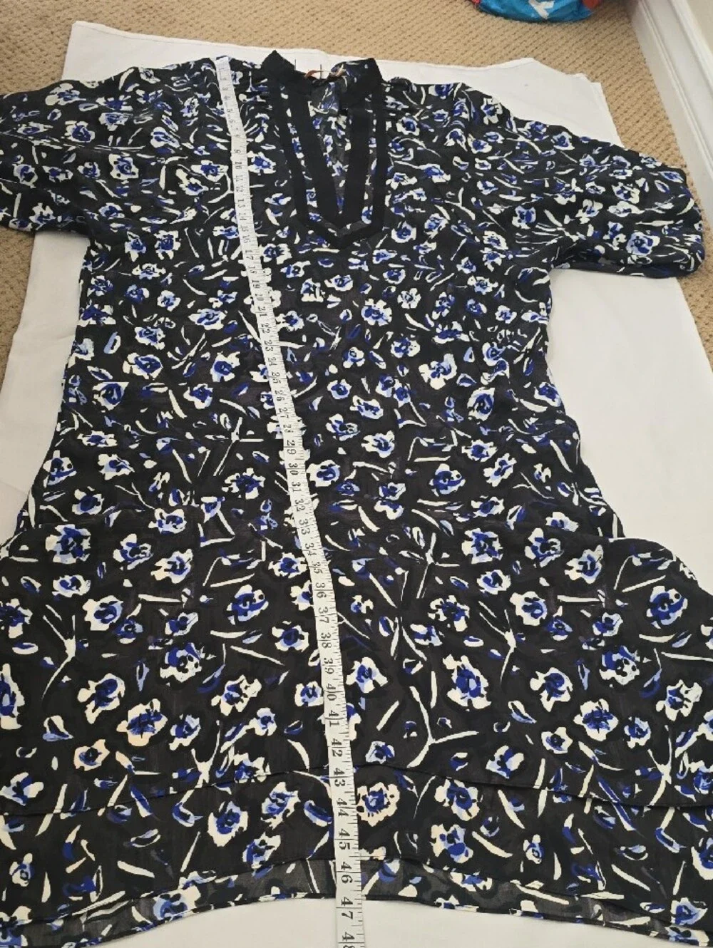Tory Burch Black Midi Dress with Blue & White Abstract Print M